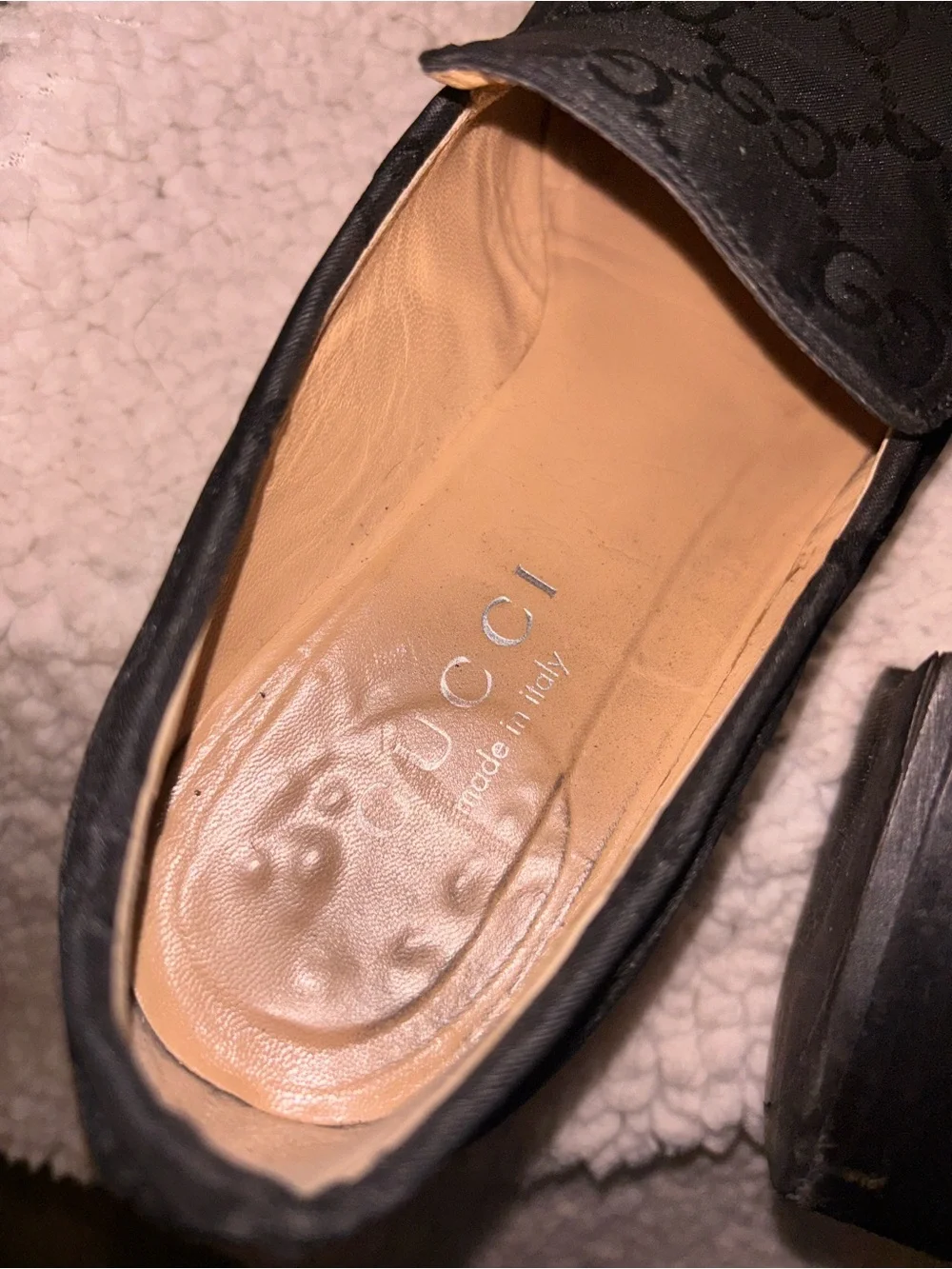 Gucci Vintage GG Monogram Black Fabric Block Heel Pumps Loafers Size 4 Italy